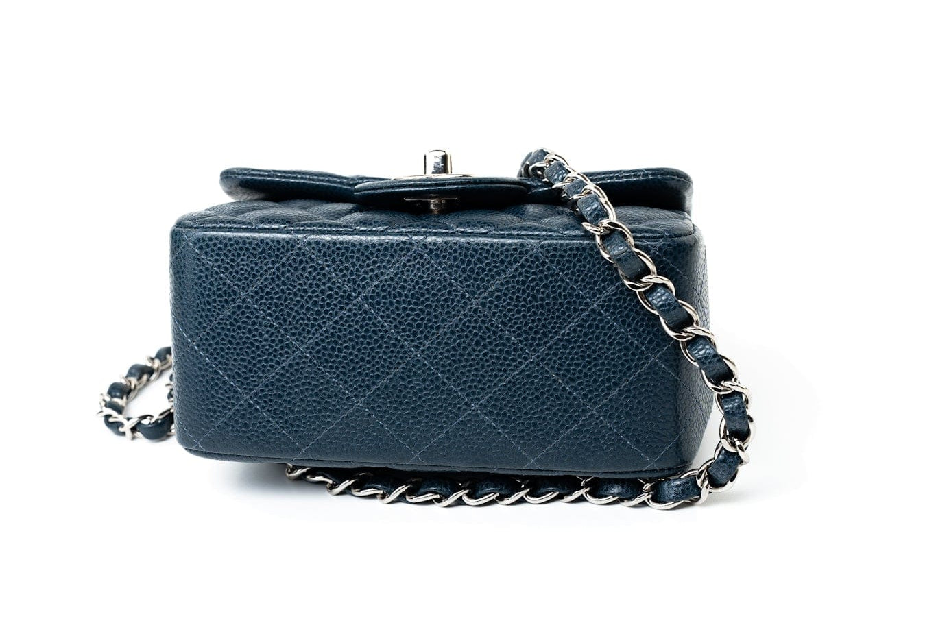 CHANEL Handbag Blue Navy Blue Caviar Quilted Mini Square Single Flap Silver Hardware - Redeluxe