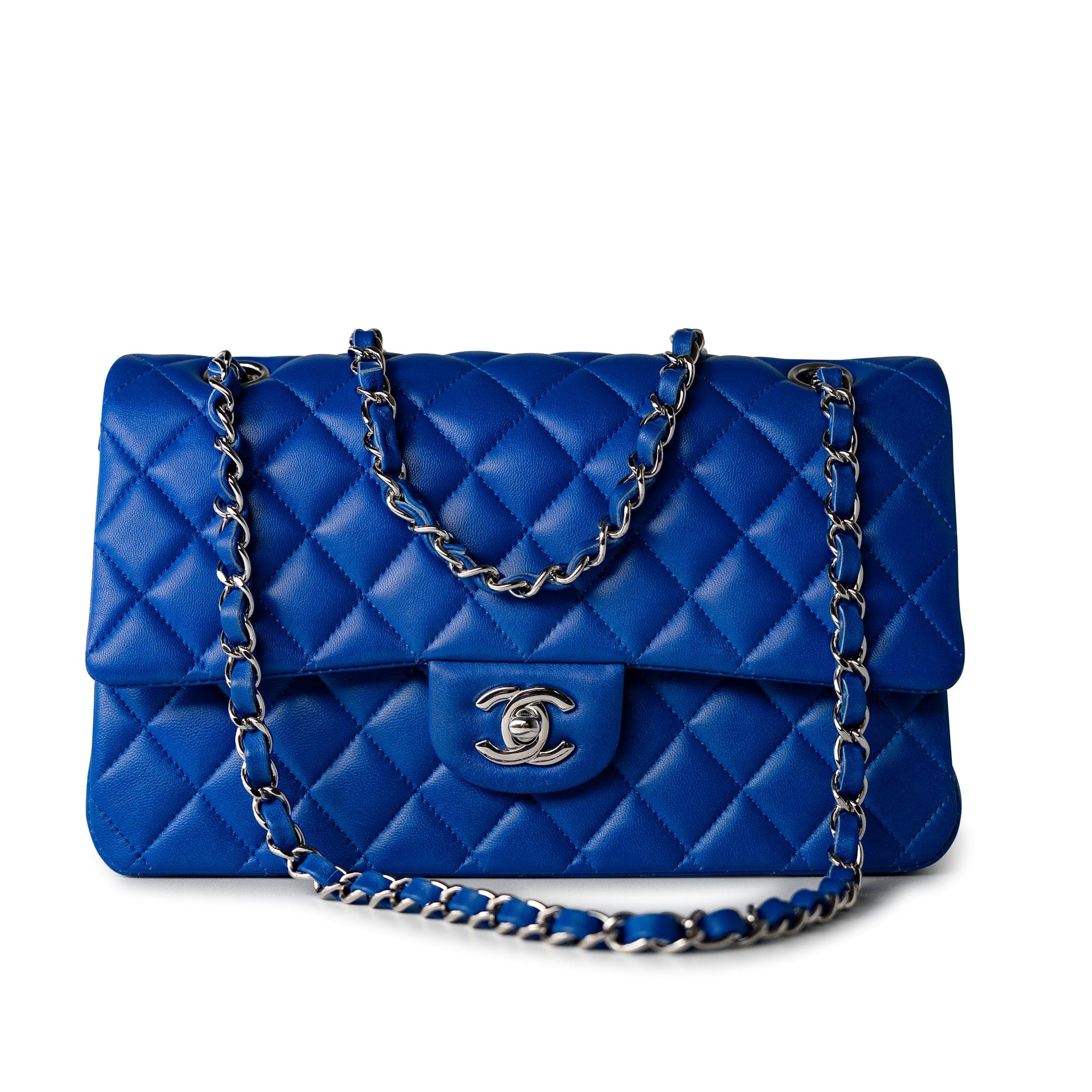 CHANEL Handbag Blue Royal Blue Lambskin Quilted Classic Flap Medium Silver Hardware - Redeluxe