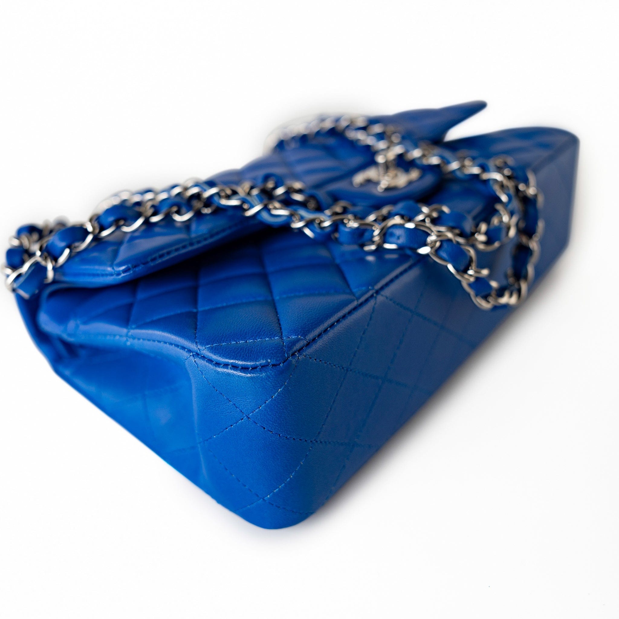 CHANEL Handbag Blue Royal Blue Lambskin Quilted Classic Flap Medium Silver Hardware - Redeluxe