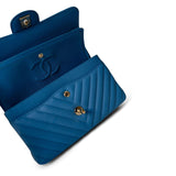 CHANEL Handbag Blue Sky Blue Caviar Chevron Classic Flap Small Light Gold Hardware - Redeluxe
