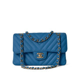 CHANEL Handbag Blue Sky Blue Caviar Chevron Classic Flap Small Light Gold Hardware - Redeluxe