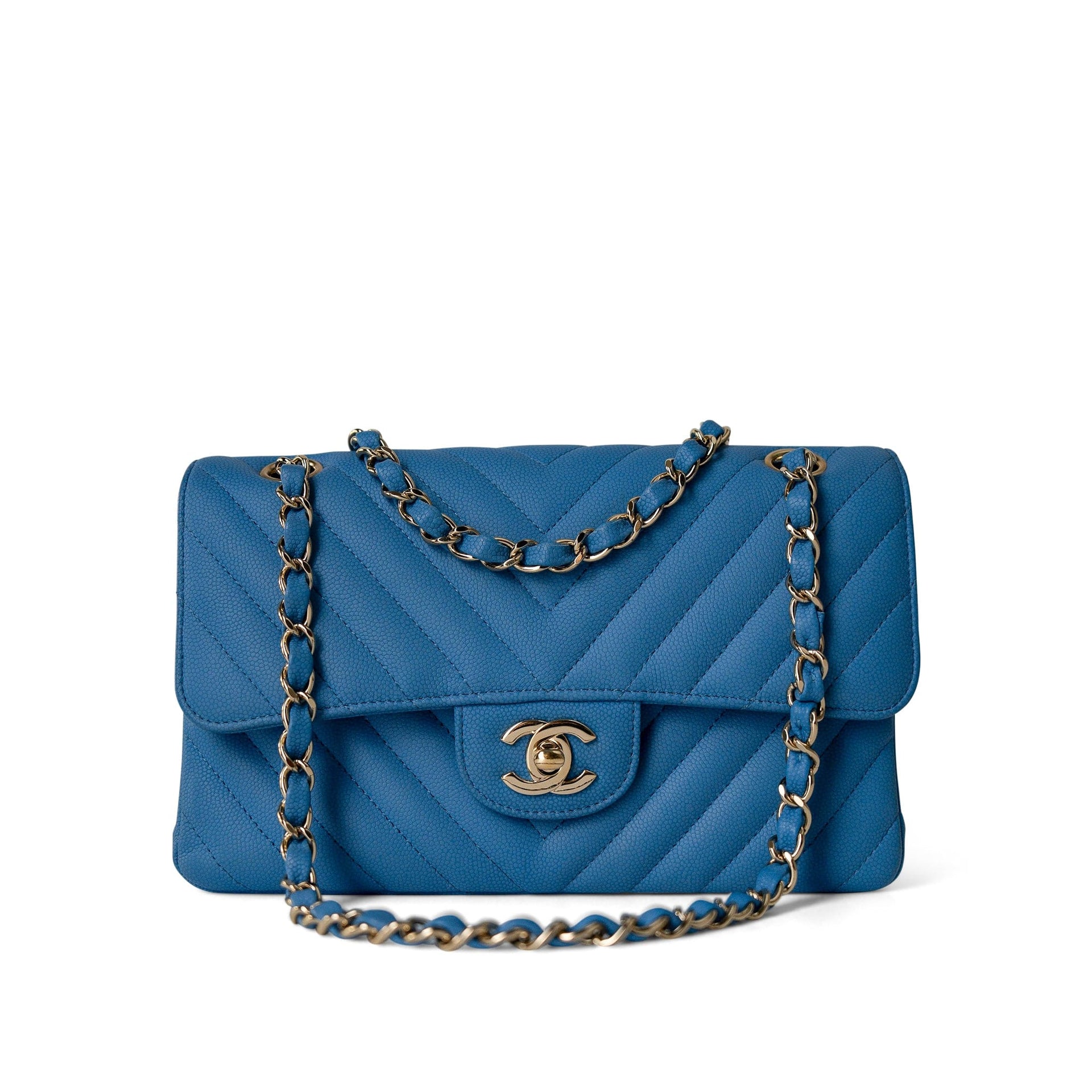 Buy Exclusive Chanel Blue Caviar Chevron Classic Flap Small Light