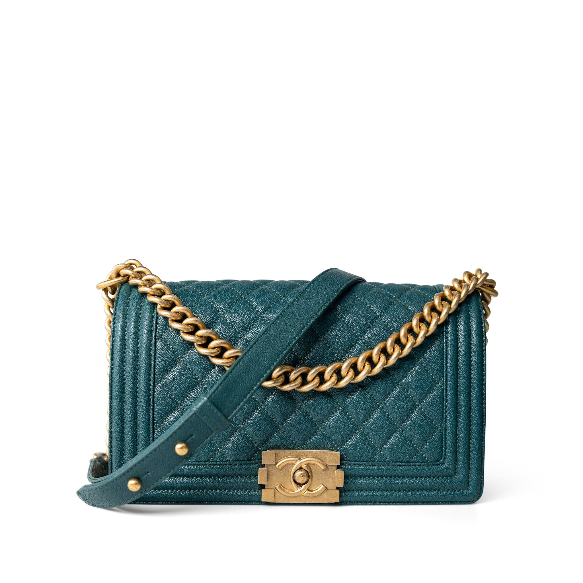 CHANEL Handbag Boy / Green 18B Dark Turquoise Caviar Quilted Boy Bag Old Medium Antique Gold Hardware - Redeluxe