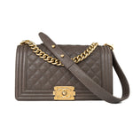 CHANEL Handbag Brown 18A Taupe/ Khaki Brown Caviar Quilted Old Medium Boy Bag Antique Gold Hardware - Redeluxe