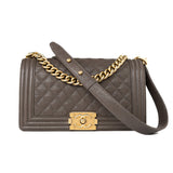 CHANEL Handbag Brown 18A Taupe/ Khaki Brown Caviar Quilted Old Medium Boy Bag Antique Gold Hardware - Redeluxe