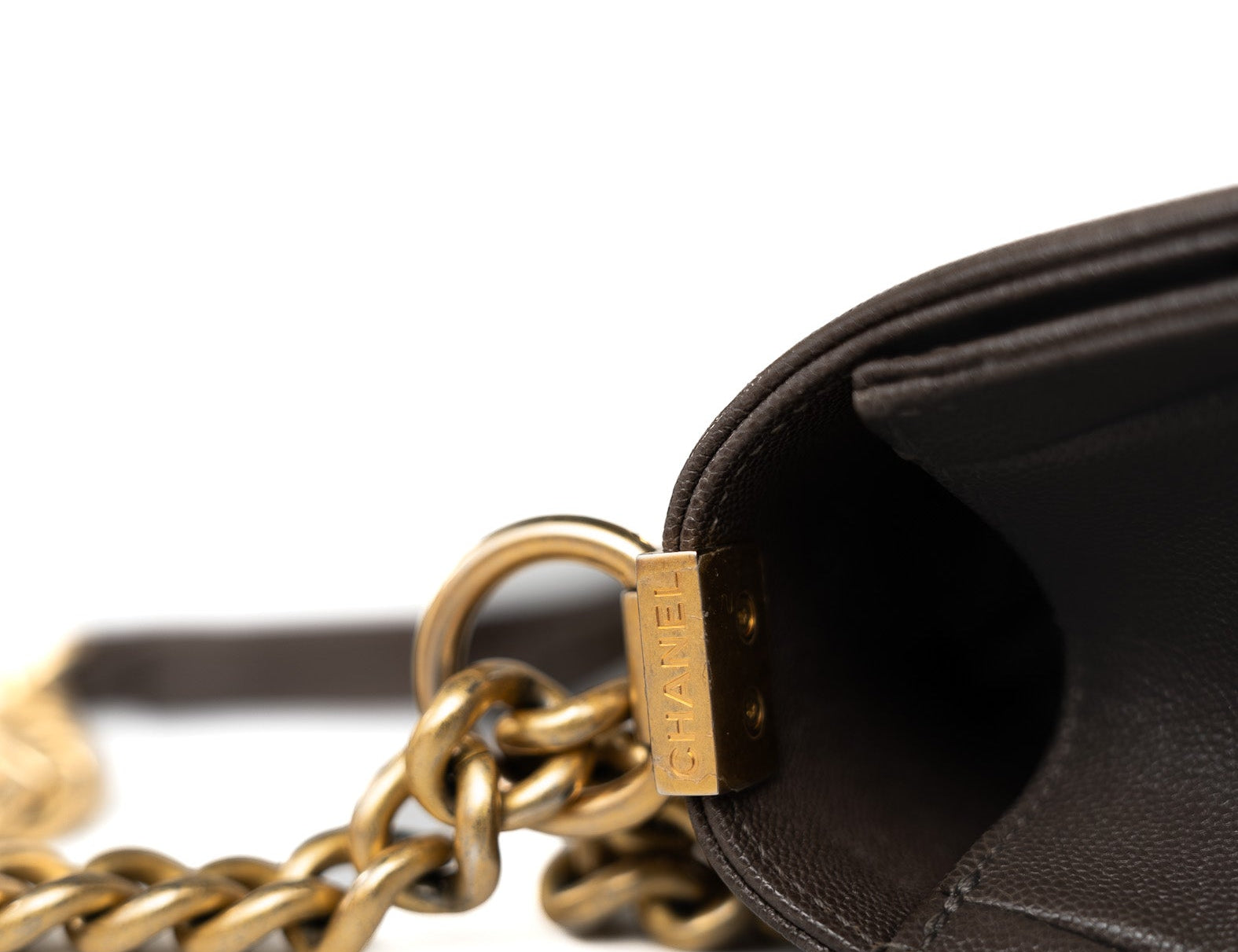 CHANEL Handbag Brown 18A Taupe/ Khaki Brown Caviar Quilted Old Medium Boy Bag Antique Gold Hardware - Redeluxe