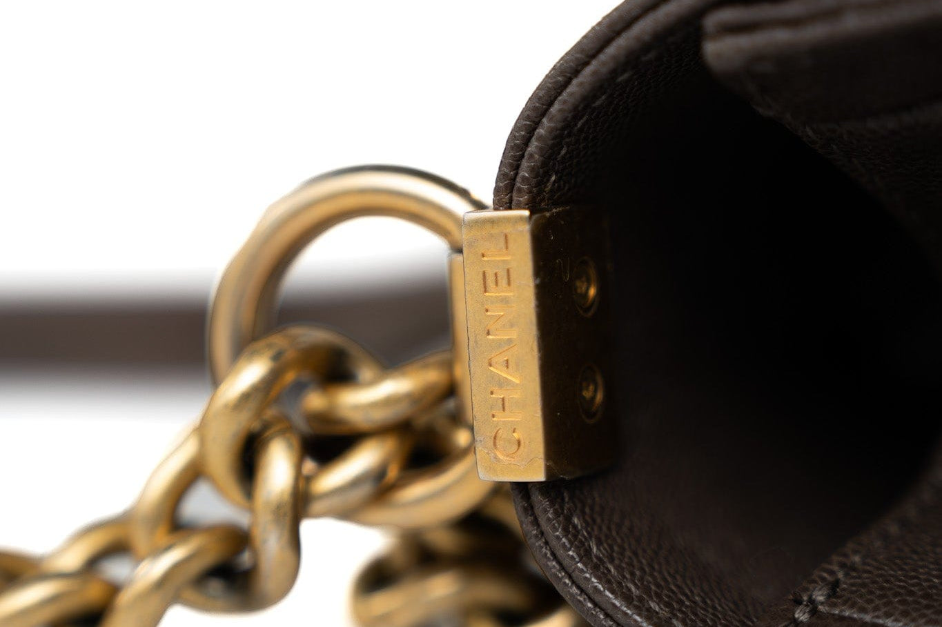 CHANEL Handbag Brown 18A Taupe/ Khaki Brown Caviar Quilted Old Medium Boy Bag Antique Gold Hardware - Redeluxe