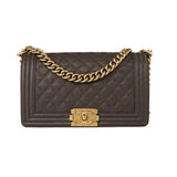 CHANEL Handbag Brown 18A Taupe/ Khaki Brown Caviar Quilted Old Medium Boy Bag Antique Gold Hardware - Redeluxe