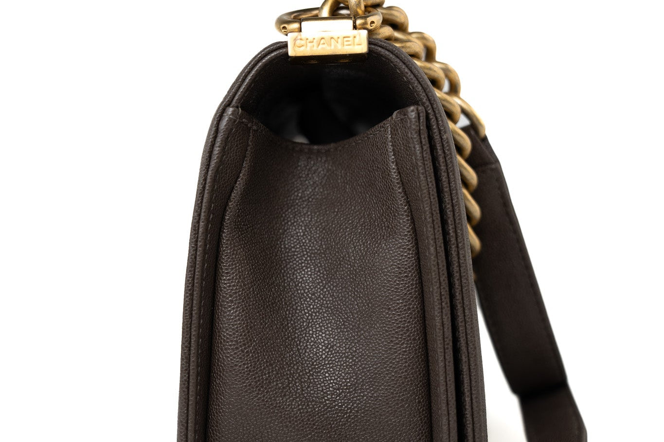 CHANEL Handbag Brown 18A Taupe/ Khaki Brown Caviar Quilted Old Medium Boy Bag Antique Gold Hardware - Redeluxe