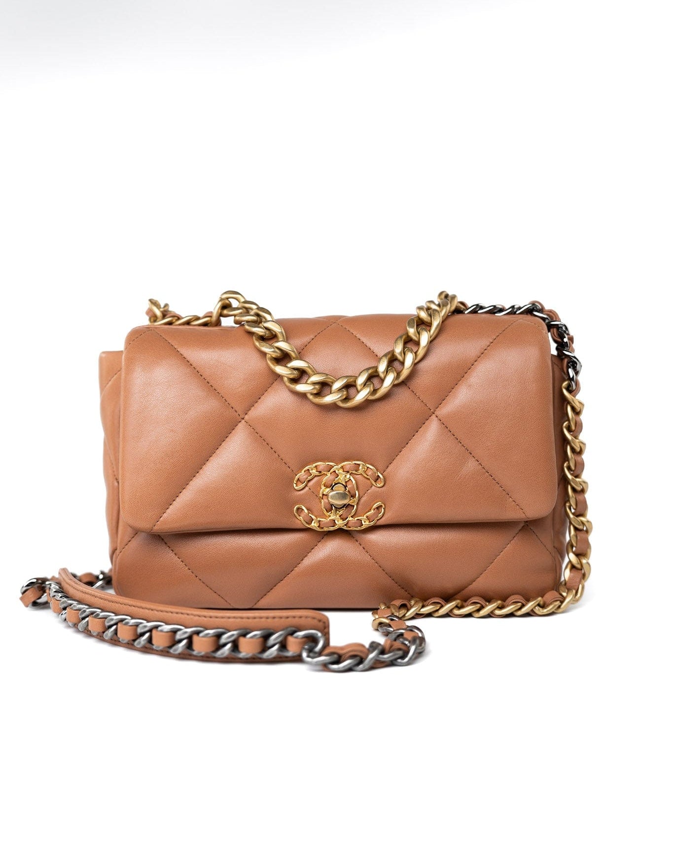 CHANEL Handbag Brown 21P Caramel Lambskin Quilted 19 Flap Small Mixed Hardware - Redeluxe