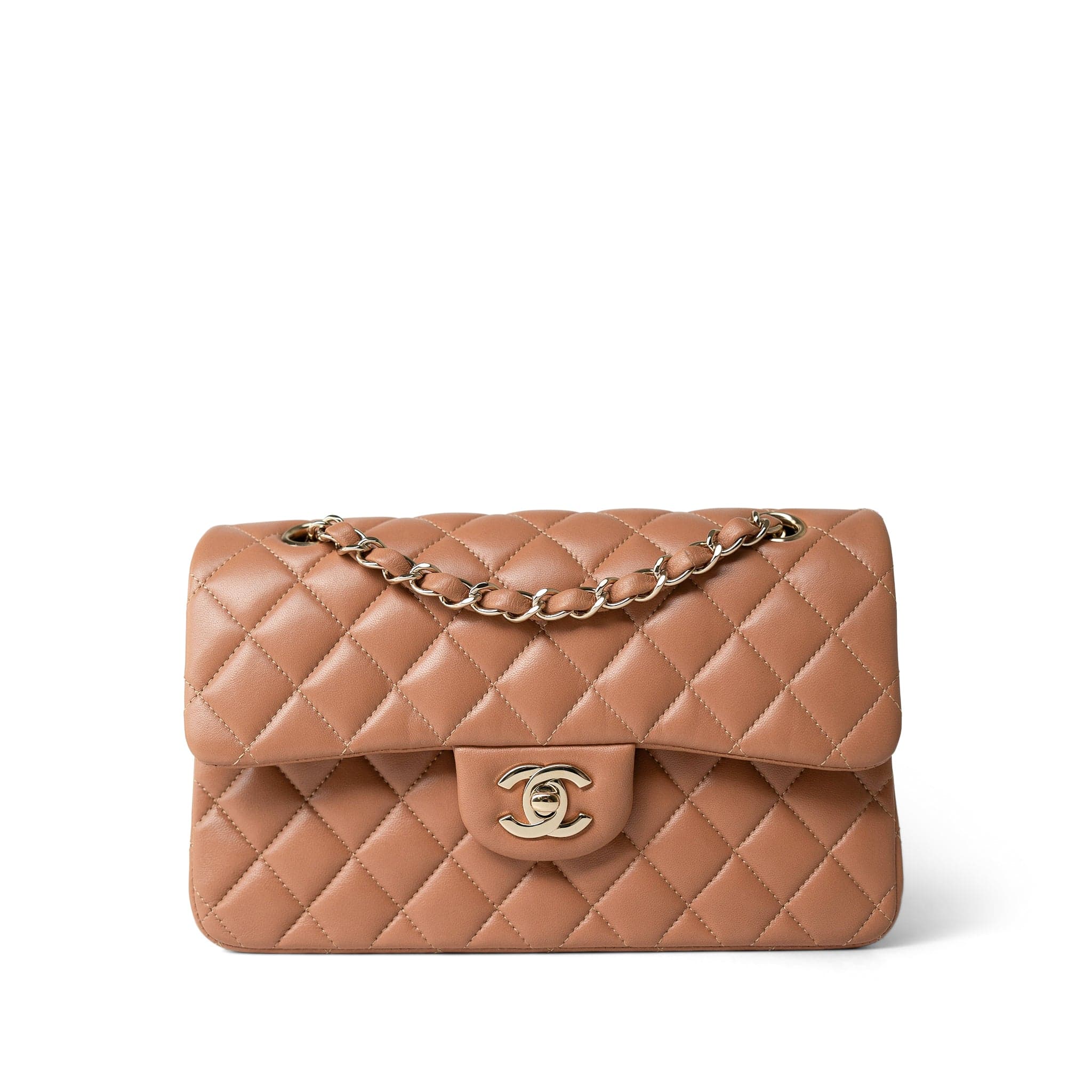CHANEL Handbag Brown 21P Caramel Lambskin Quilted Classic Flap Small Light Gold Hardware - Redeluxe