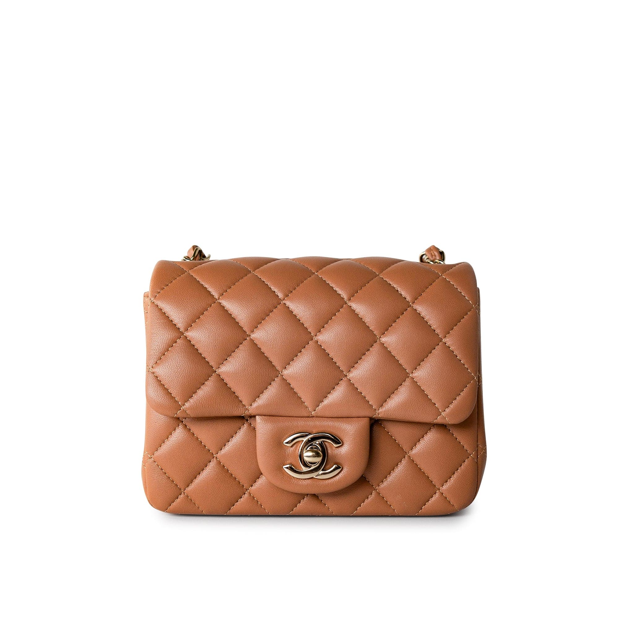 CHANEL Handbag Brown 22S Caramel Lambskin Quilted Mini Square Flap Light Gold Hardware - Redeluxe