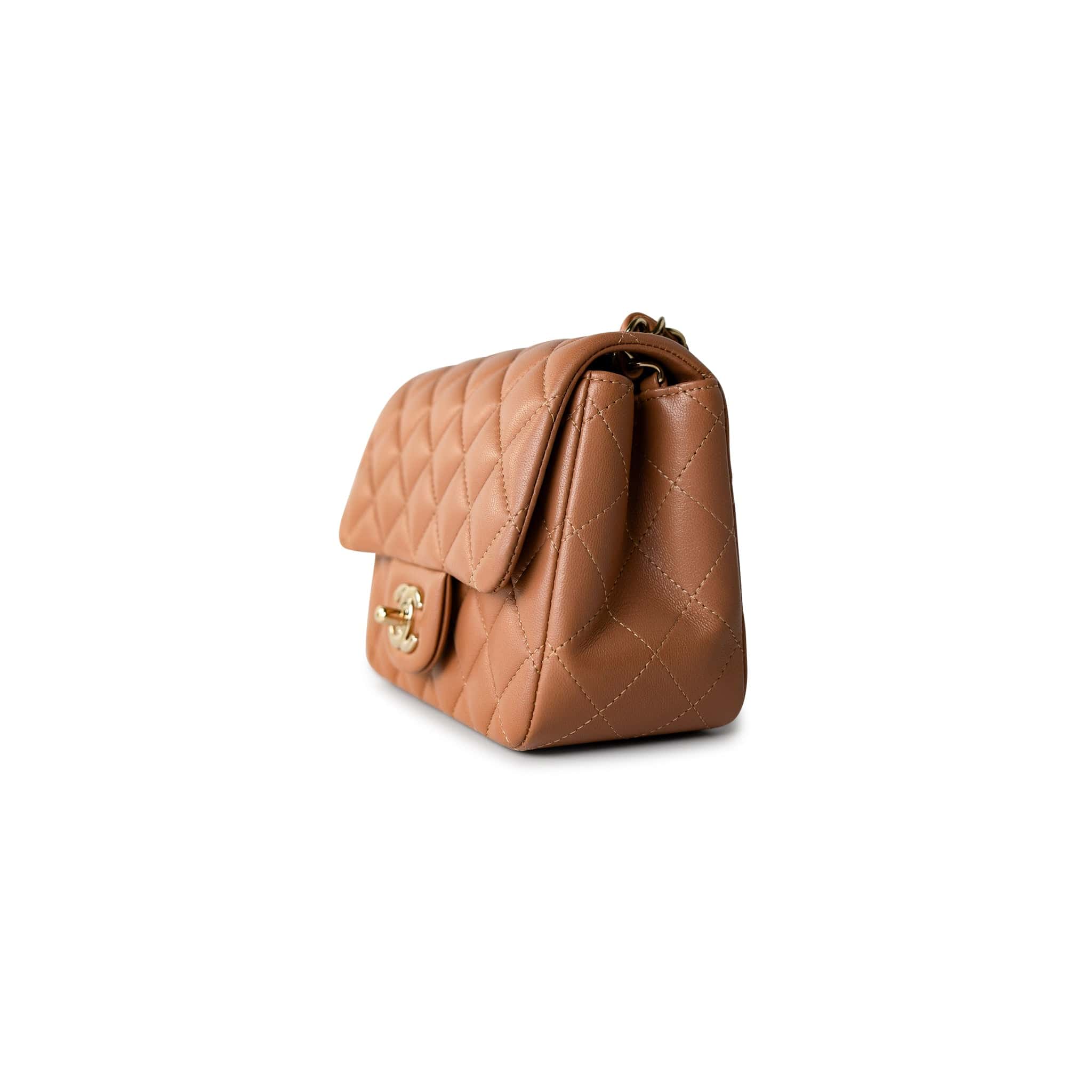 CHANEL Handbag Brown 22S Caramel Lambskin Quilted Mini Square Flap Light Gold Hardware - Redeluxe