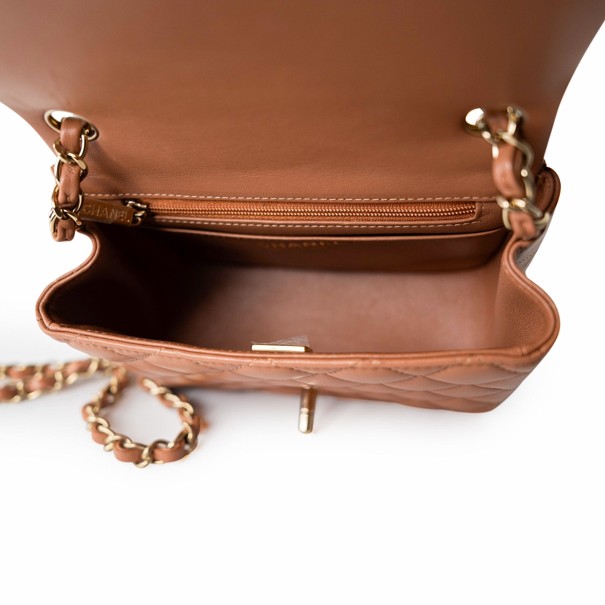 CHANEL Handbag Brown 22S Caramel Lambskin Quilted Mini Square Flap Light Gold Hardware - Redeluxe