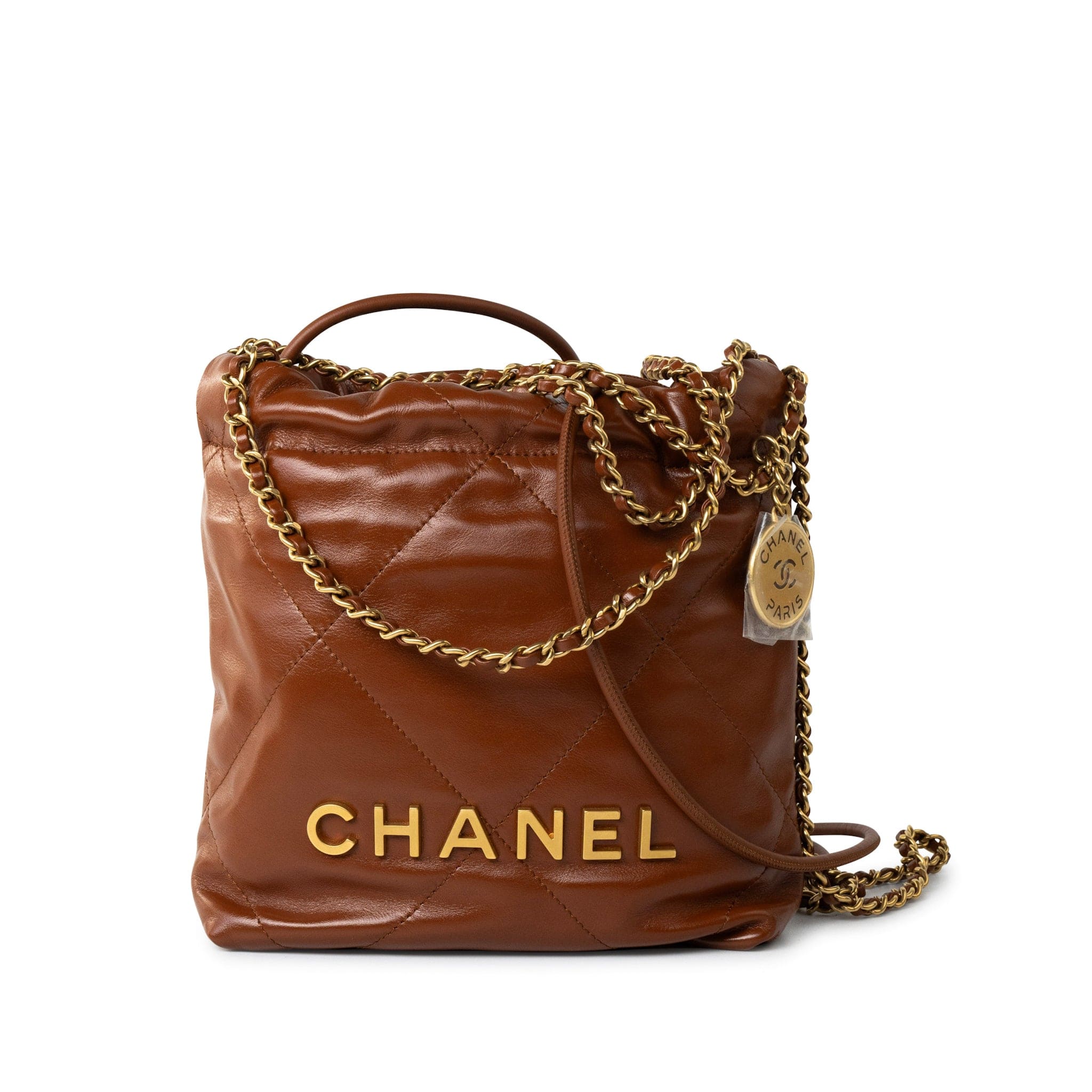 CHANEL Handbag Brown 23A Light Brown Calfskin Quilted Mini 22 Bag Antique Gold Hardware - Redeluxe