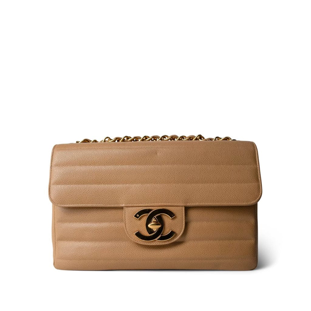 CHANEL Handbag Brown Beige Jumbo Horizontal Stripe Single Flap Gold Hardware - Redeluxe