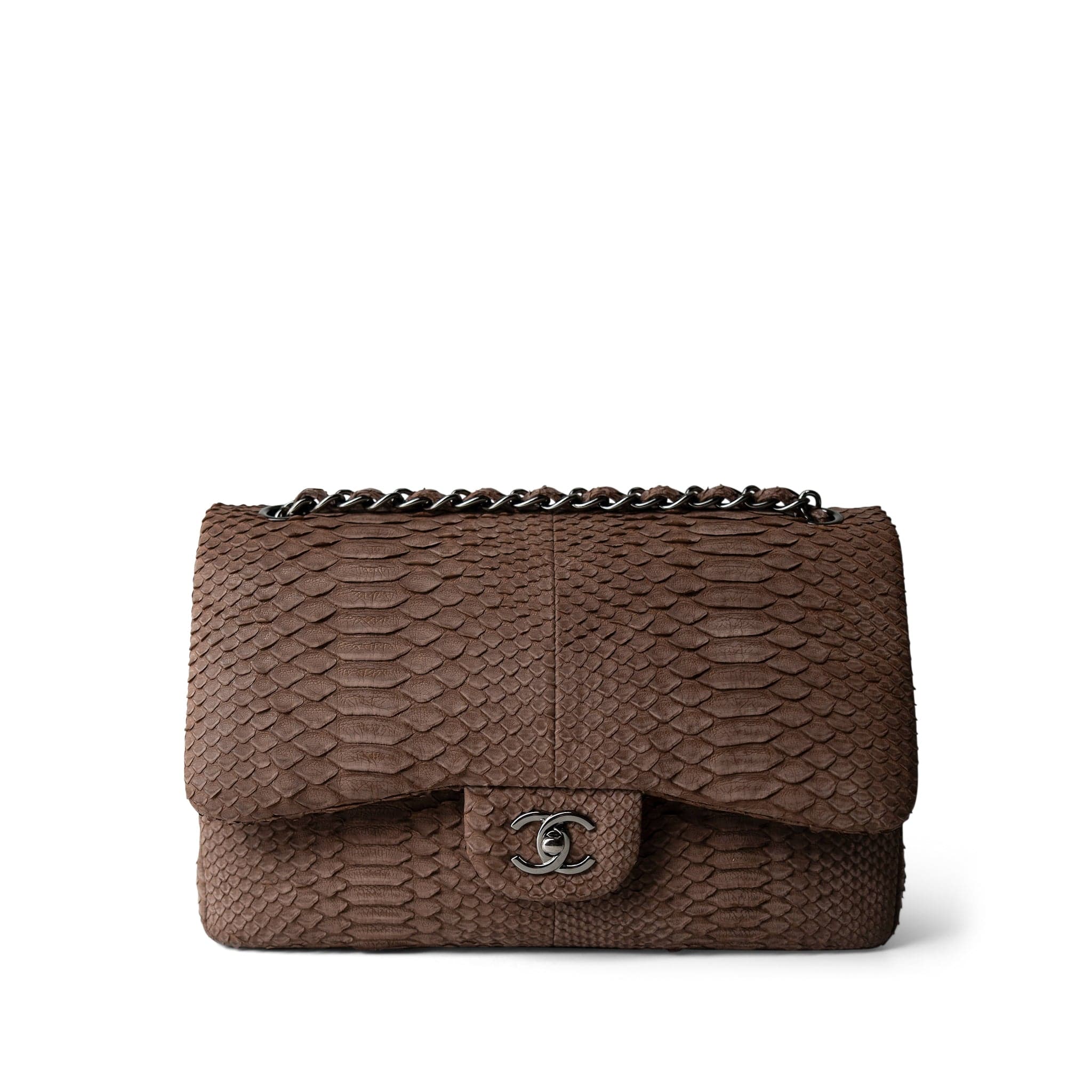 CHANEL Handbag Brown Light Brown Python Jumbo Classic Flap - Redeluxe