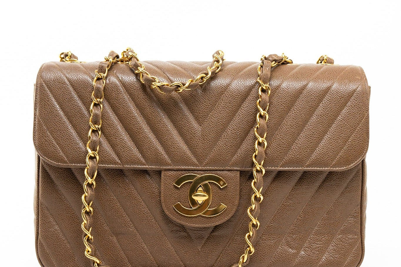 CHANEL Handbag Brown Taupe Caviar Chevron Maxi Single Flap 24K Gold Hardware - Redeluxe