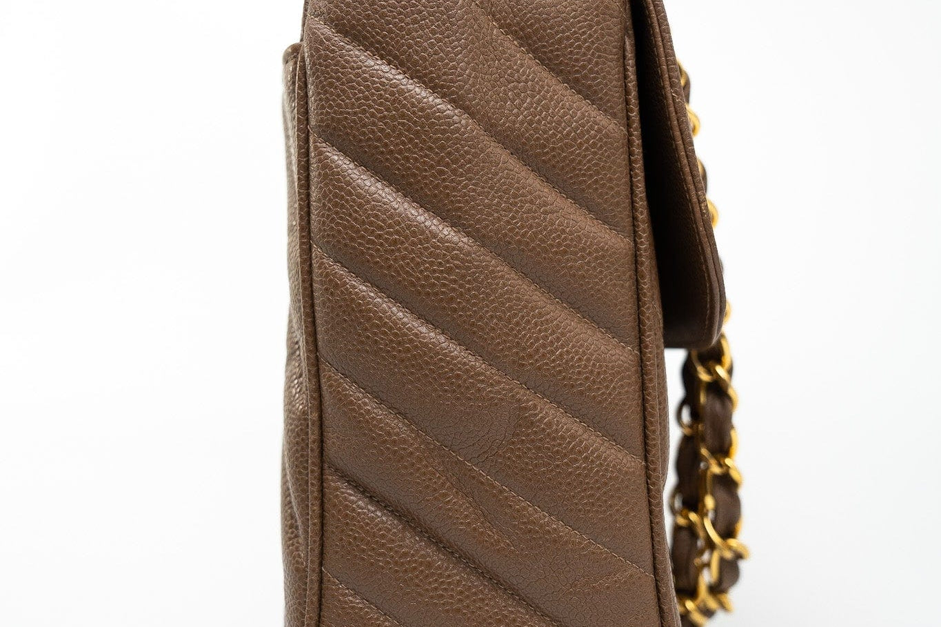 CHANEL Handbag Brown Taupe Caviar Chevron Maxi Single Flap 24K Gold Hardware - Redeluxe