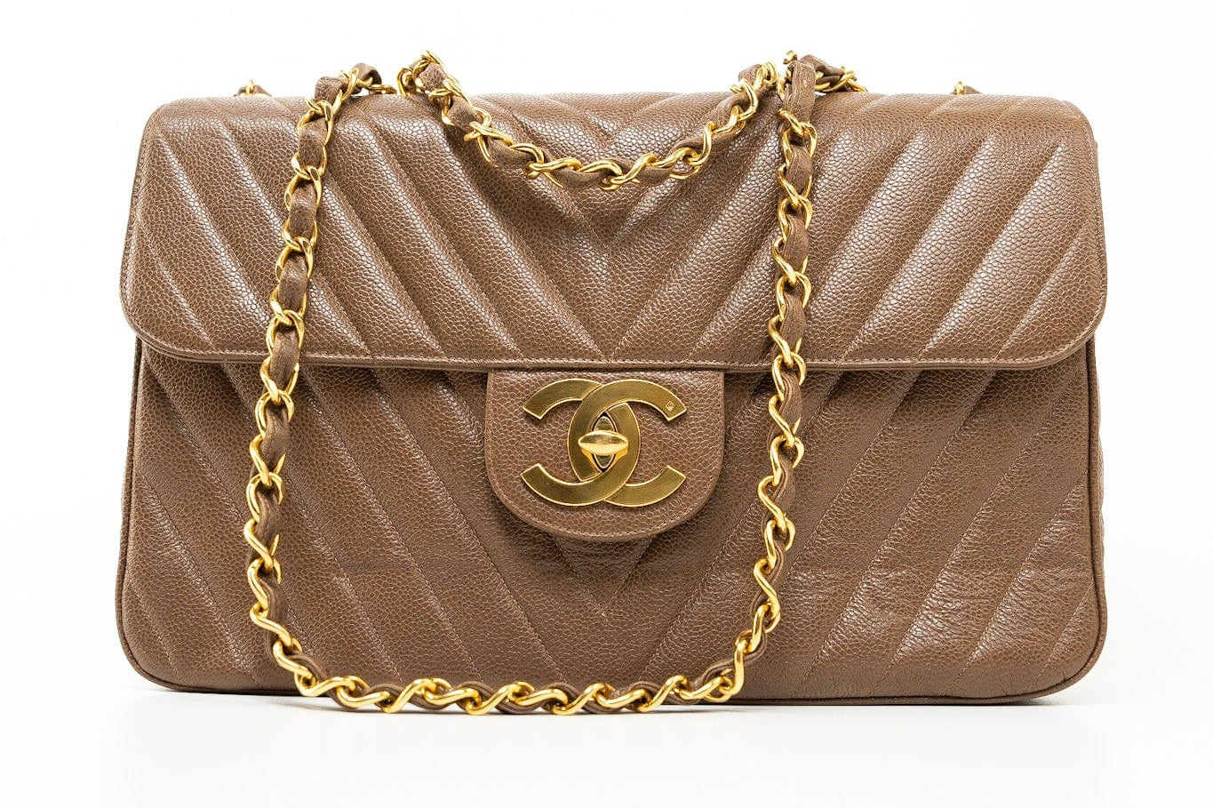 CHANEL Handbag Brown Taupe Caviar Chevron Maxi Single Flap 24K Gold Hardware - Redeluxe