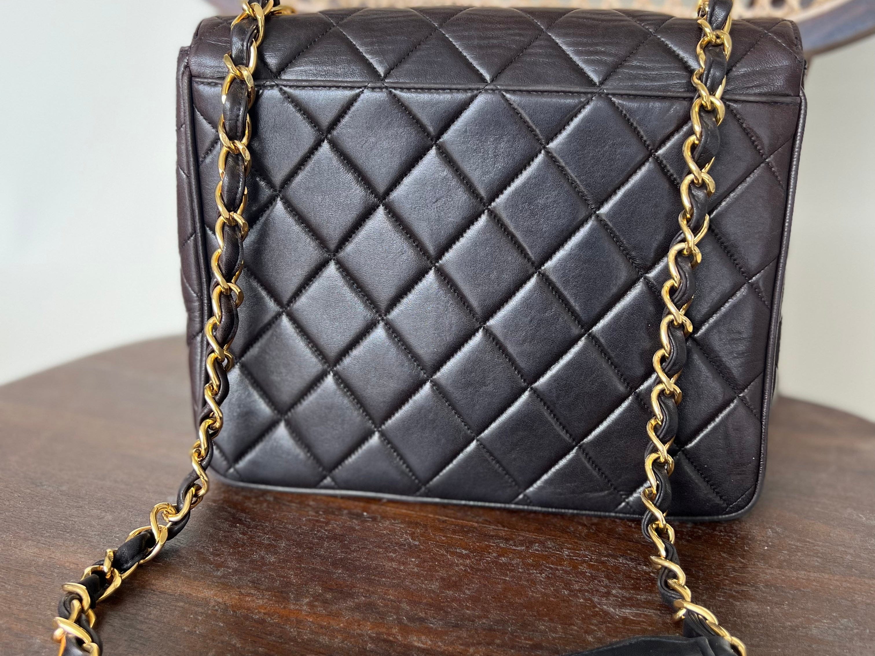 CHANEL Handbag Brown Vintage Black / Dark Brown Lambskin Quilted Square CC Flap GHW - Redeluxe