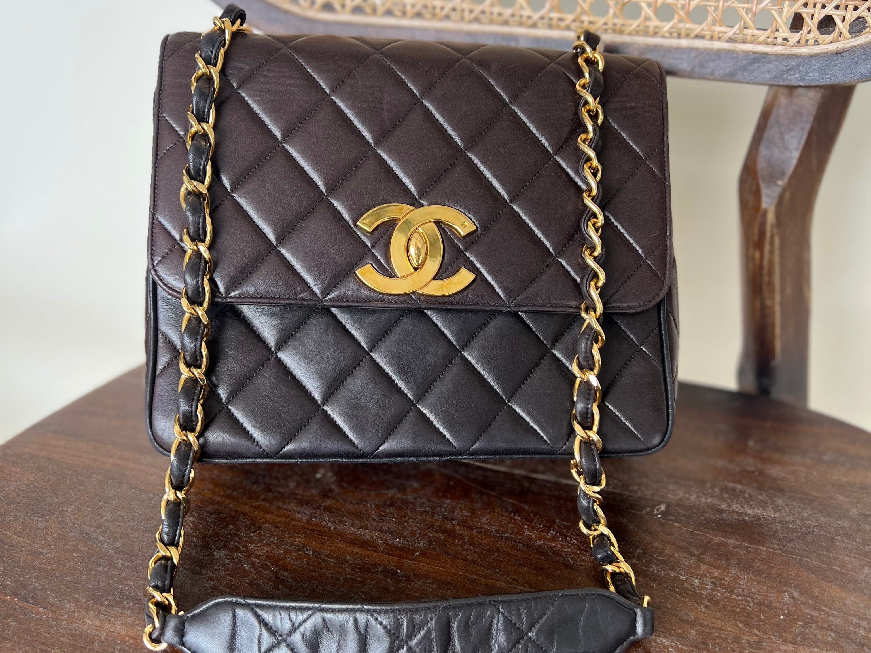 CHANEL Handbag Brown Vintage Black / Dark Brown Lambskin Quilted Square CC Flap GHW - Redeluxe