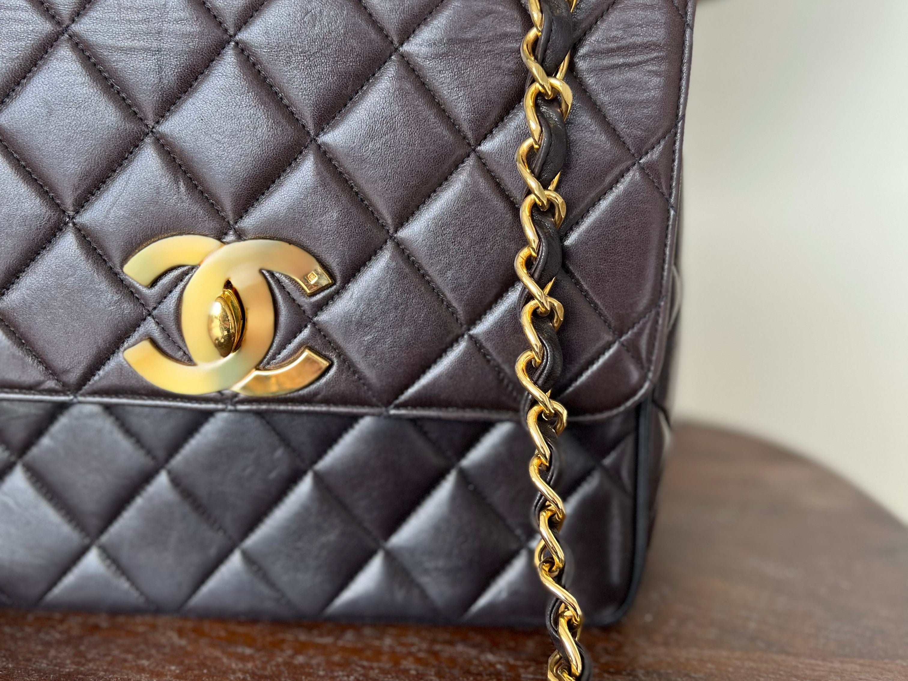 CHANEL Handbag Brown Vintage Black / Dark Brown Lambskin Quilted Square CC Flap GHW - Redeluxe