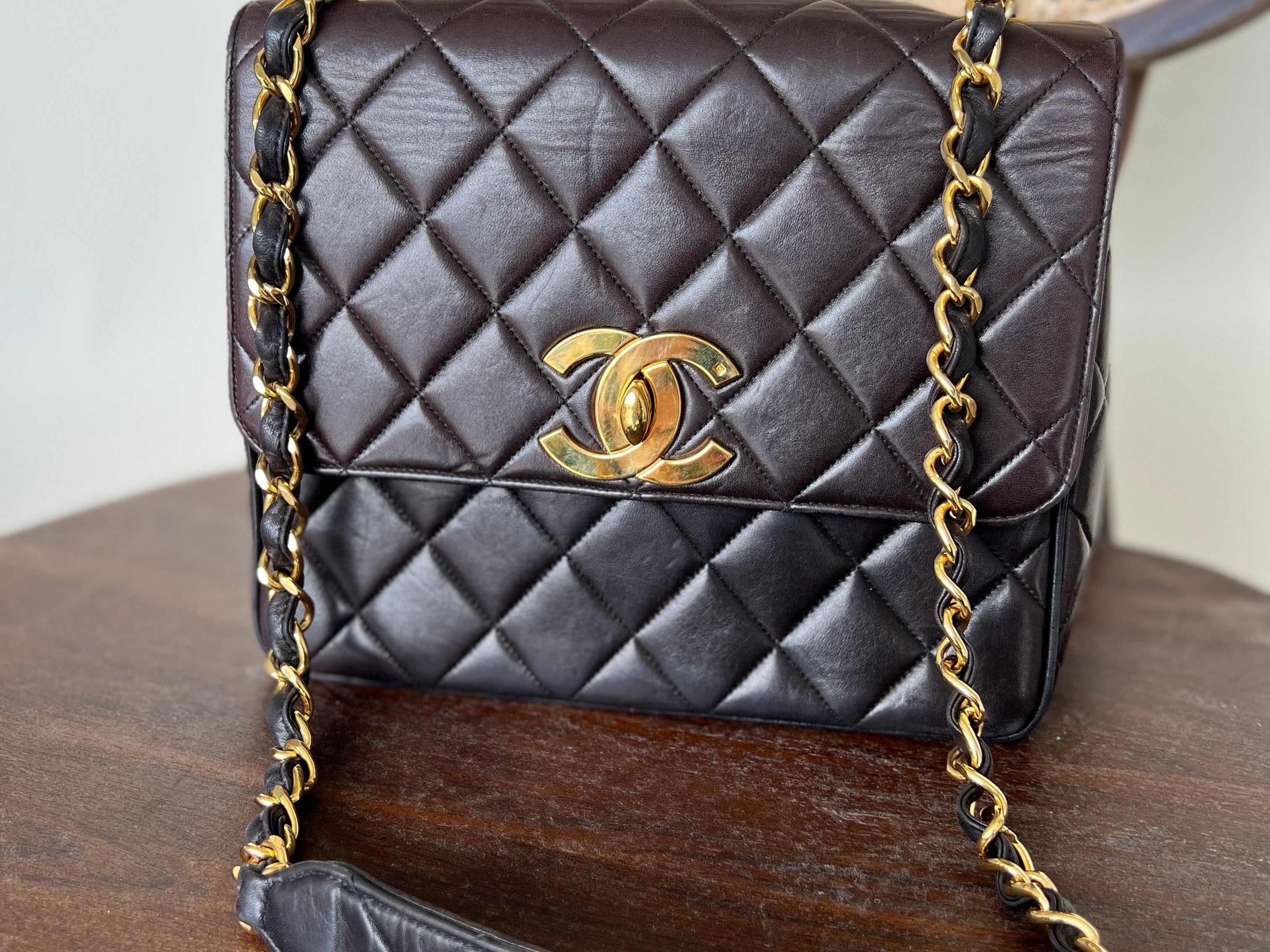 CHANEL Handbag Brown Vintage Black / Dark Brown Lambskin Quilted Square CC Flap GHW - Redeluxe