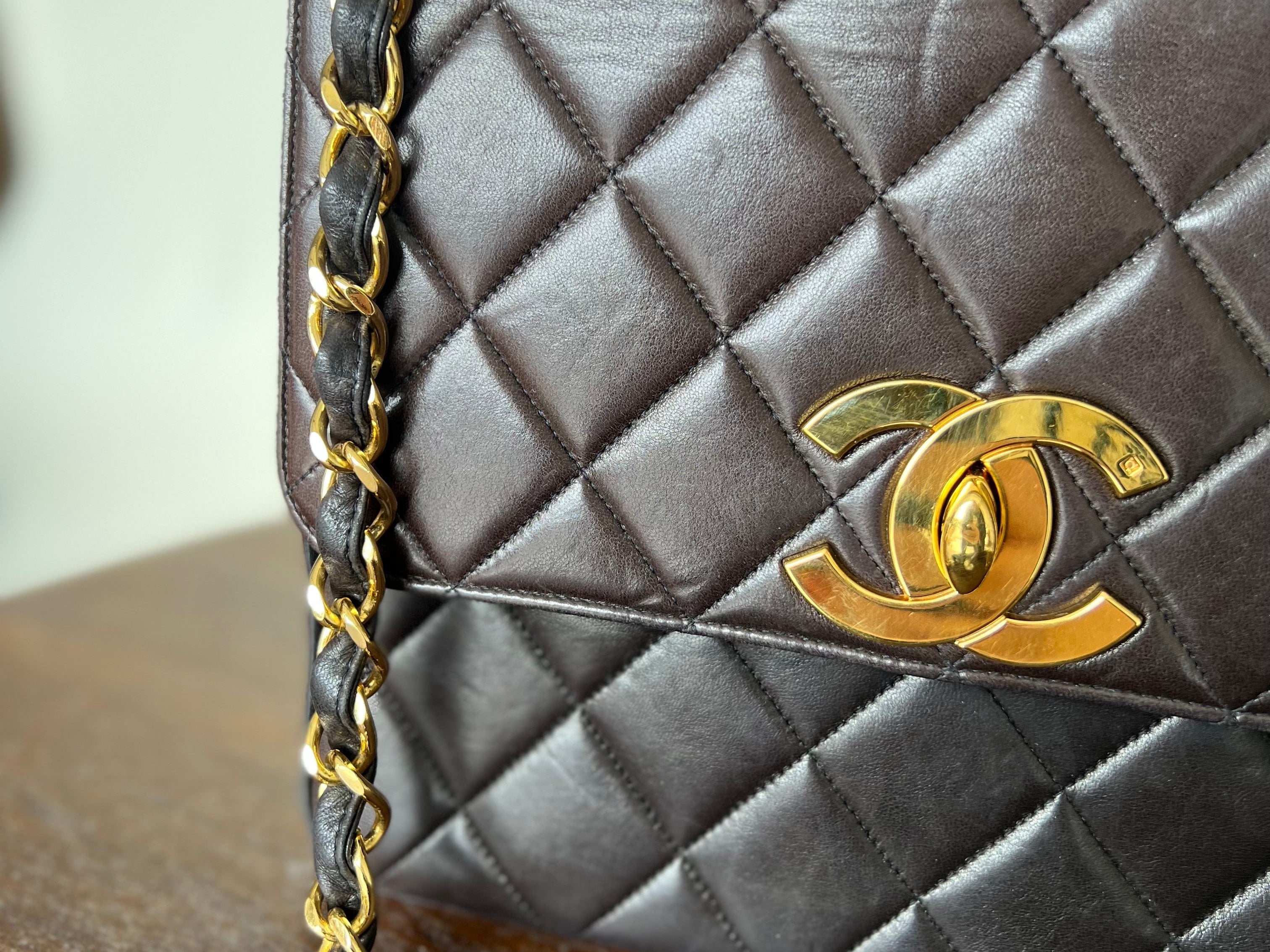 CHANEL Handbag Brown Vintage Black / Dark Brown Lambskin Quilted Square CC Flap GHW - Redeluxe