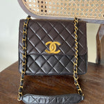 CHANEL Handbag Brown Vintage Black / Dark Brown Lambskin Quilted Square CC Flap GHW - Redeluxe