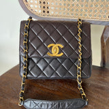 CHANEL Handbag Brown Vintage Black / Dark Brown Lambskin Quilted Square CC Flap GHW - Redeluxe