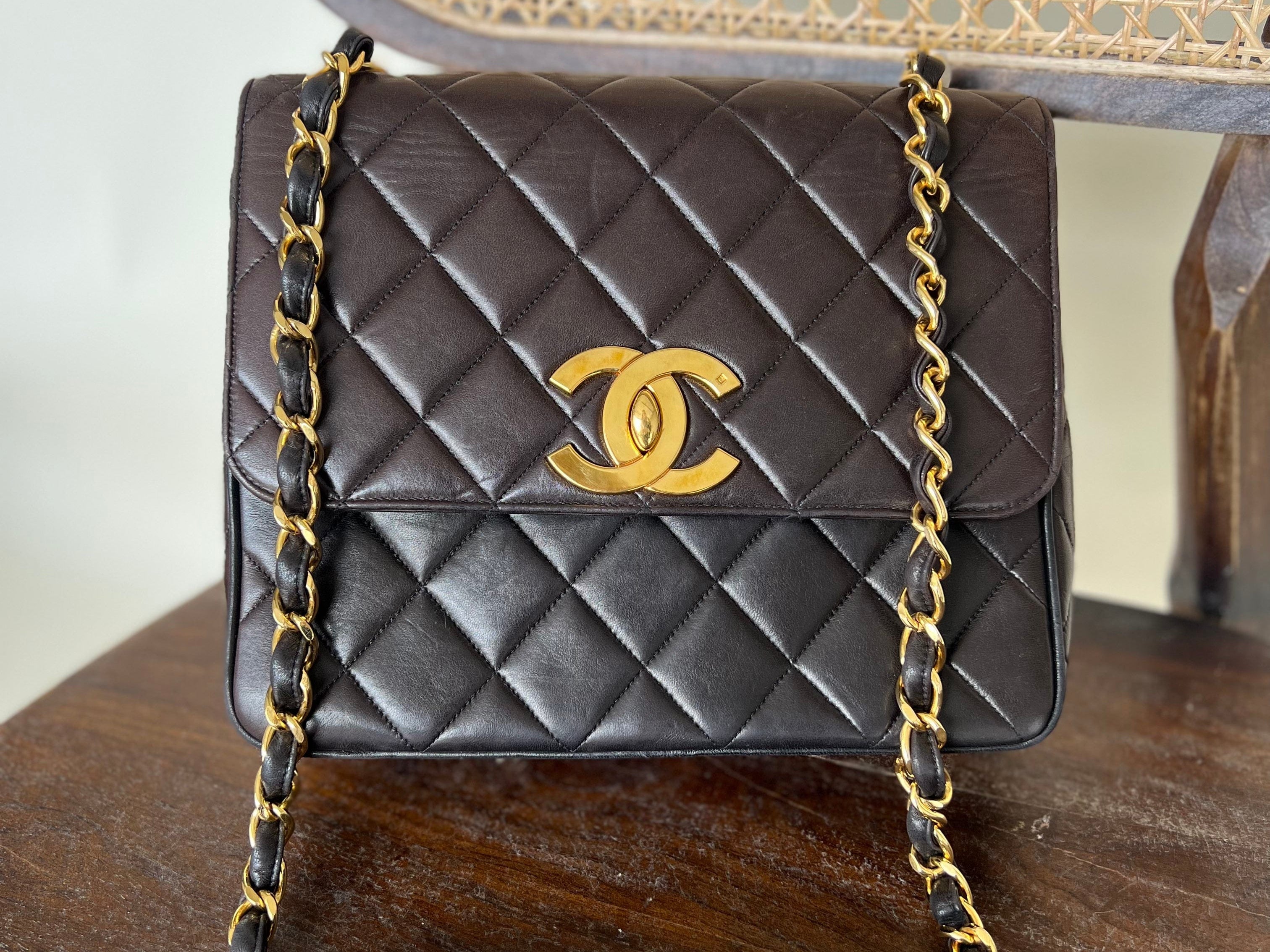 CHANEL Handbag Brown Vintage Black / Dark Brown Lambskin Quilted Square CC Flap GHW - Redeluxe