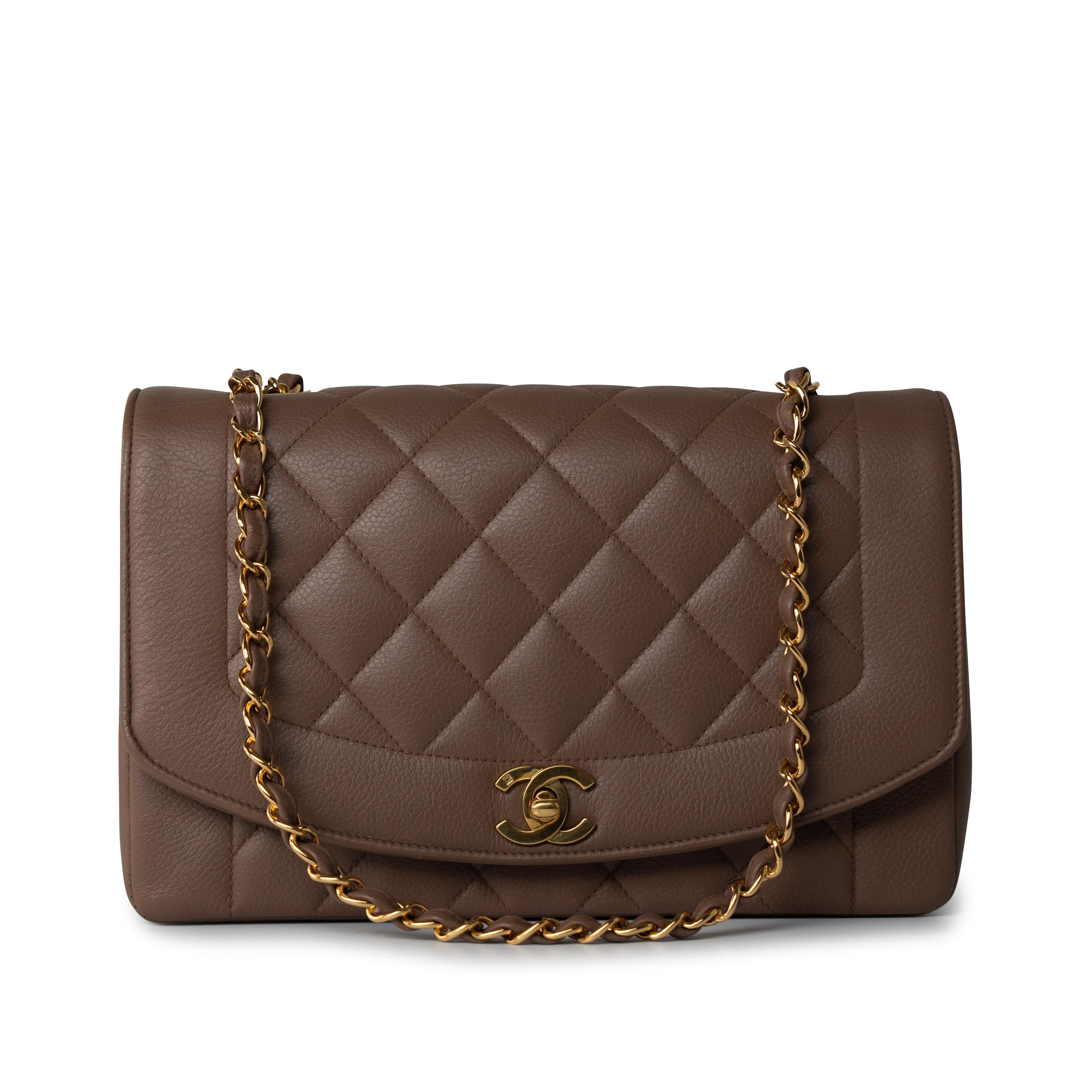 CHANEL Handbag Brown Vintage Brown Caviar Quilted Medium Diana Flap Gold Hardware - Redeluxe