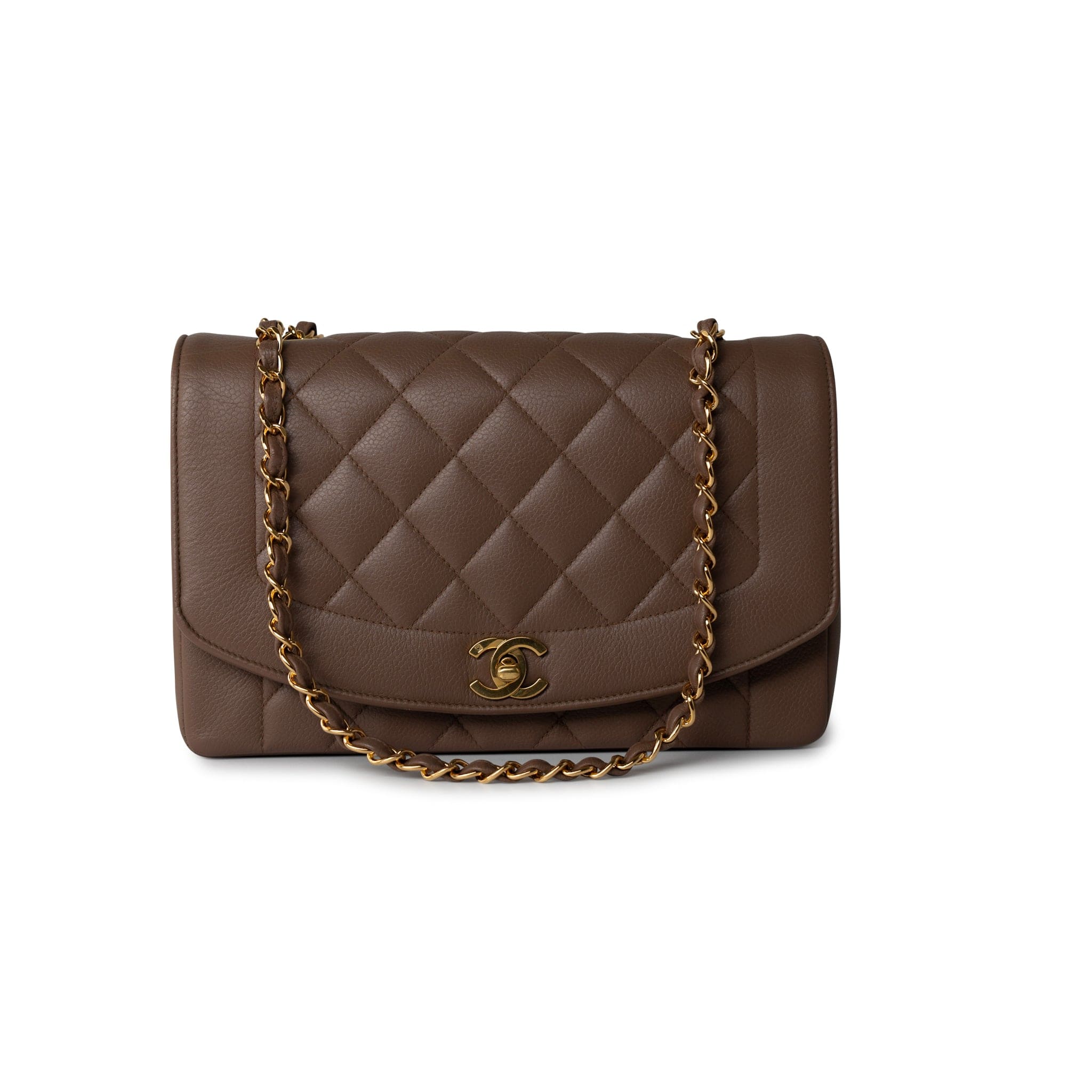 CHANEL Handbag Brown Vintage Brown Caviar Quilted Medium Diana Flap Gold Hardware - Redeluxe