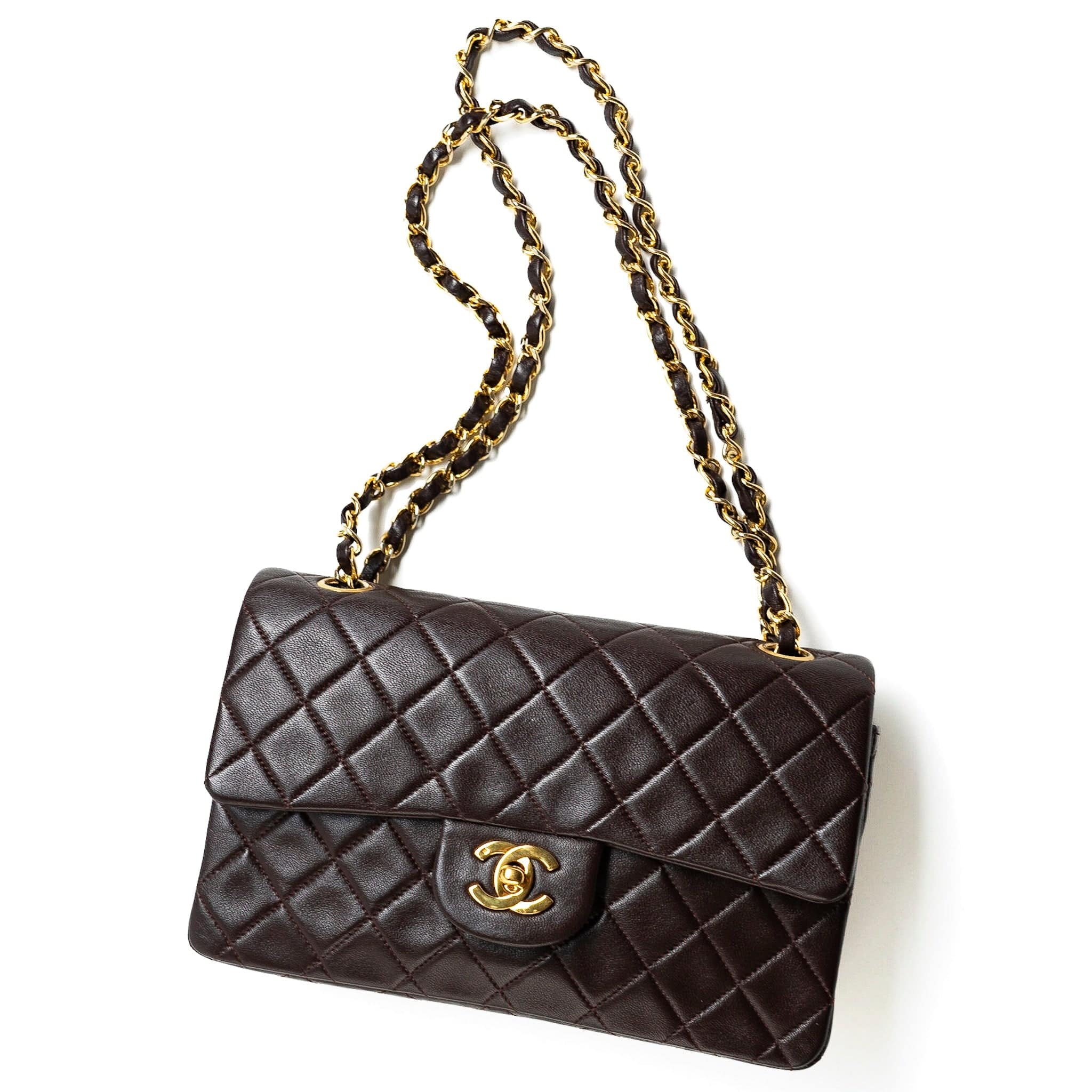 CHANEL Handbag Brown Vintage Brown Lambskin Quilted Classic Flap Small GHW - Redeluxe