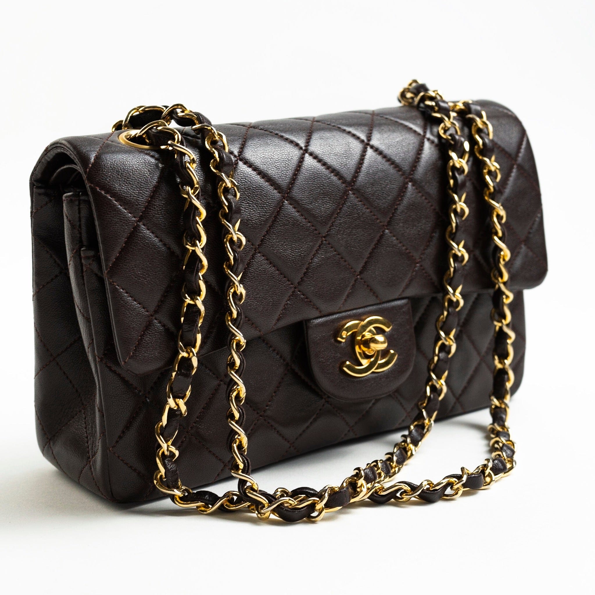 CHANEL Handbag Brown Vintage Brown Lambskin Quilted Classic Flap Small GHW - Redeluxe