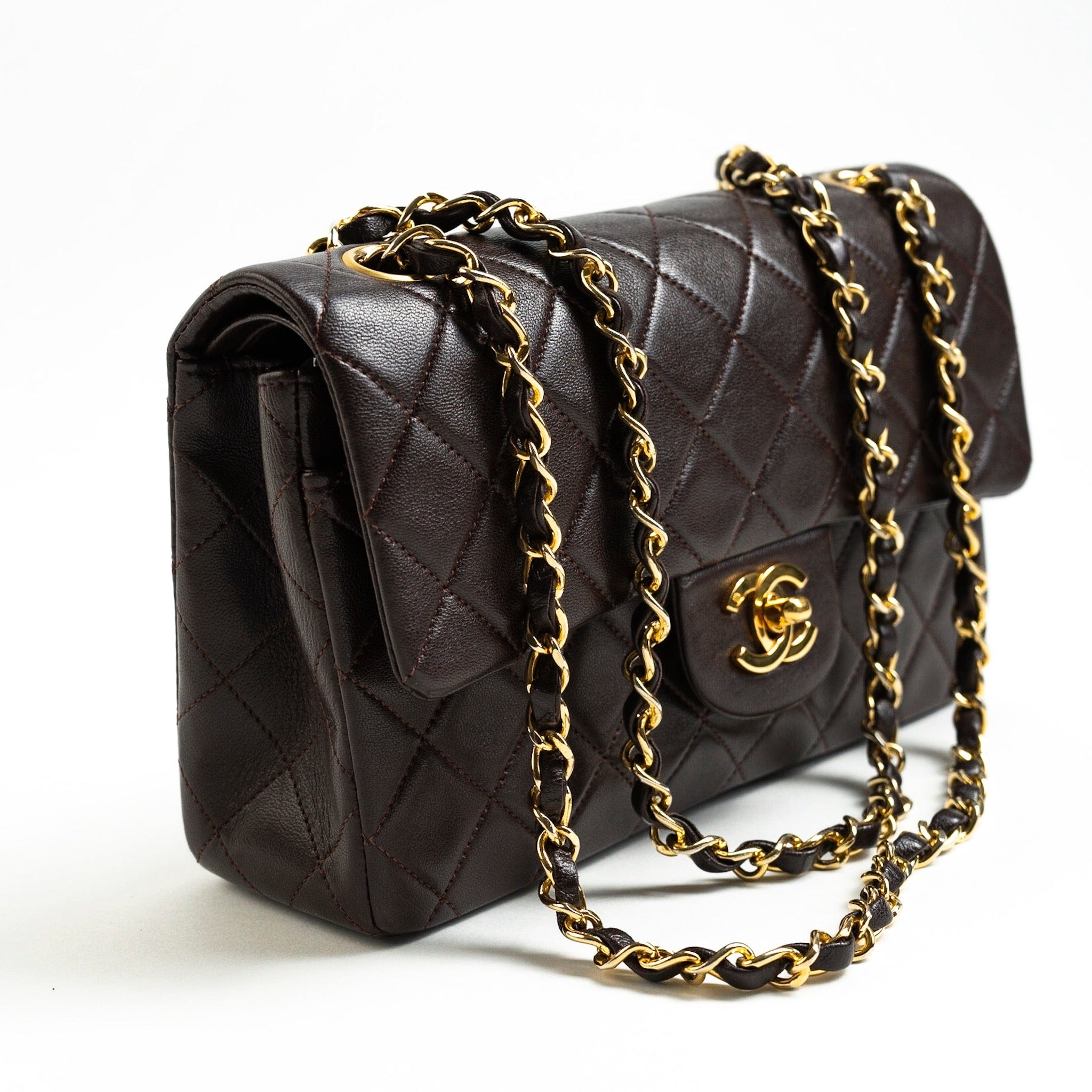 CHANEL Handbag Brown Vintage Brown Lambskin Quilted Classic Flap Small GHW - Redeluxe