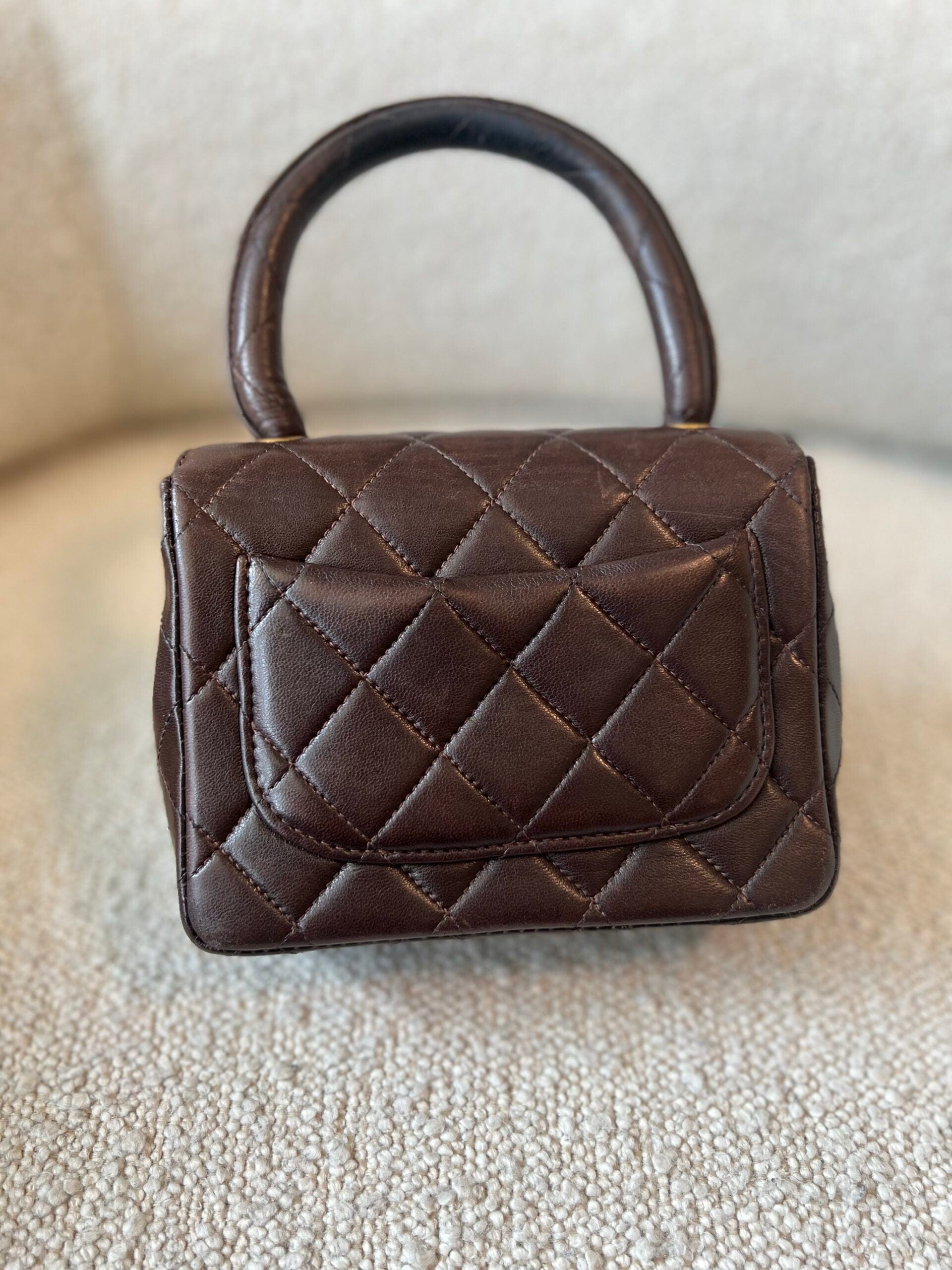 Shop Vintage Brown Lambskin Quilted Micro with Top Handle | Luxury