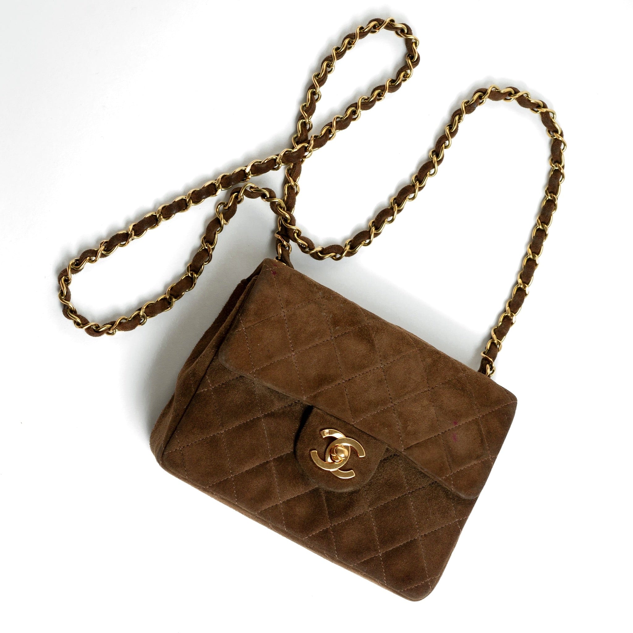 CHANEL Handbag Brown Vintage Brown Suede Quilted Mini Square Flap GHW - Redeluxe