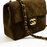 CHANEL Handbag Brown Vintage Brown Suede Quilted Mini Square Flap GHW - Redeluxe