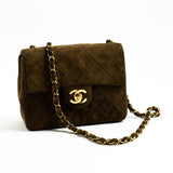 CHANEL Handbag Brown Vintage Brown Suede Quilted Mini Square Flap GHW - Redeluxe