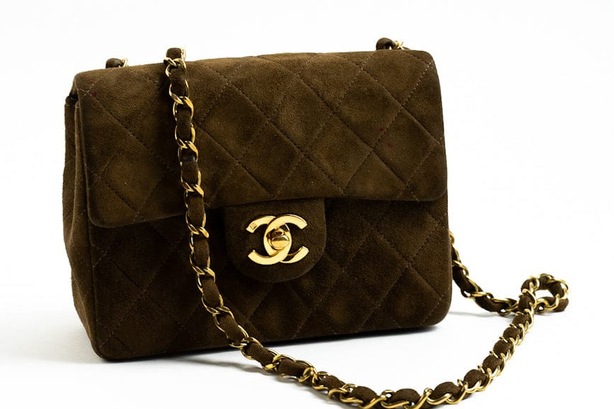 CHANEL Handbag Brown Vintage Brown Suede Quilted Mini Square Flap GHW - Redeluxe