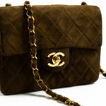 CHANEL Handbag Brown Vintage Brown Suede Quilted Mini Square Flap GHW - Redeluxe