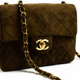 CHANEL Handbag Brown Vintage Brown Suede Quilted Mini Square Flap GHW - Redeluxe