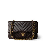 CHANEL Handbag Brown Vintage Chocolate Lambskin Chevron Classic Flap Medium Gold Hardware - Redeluxe
