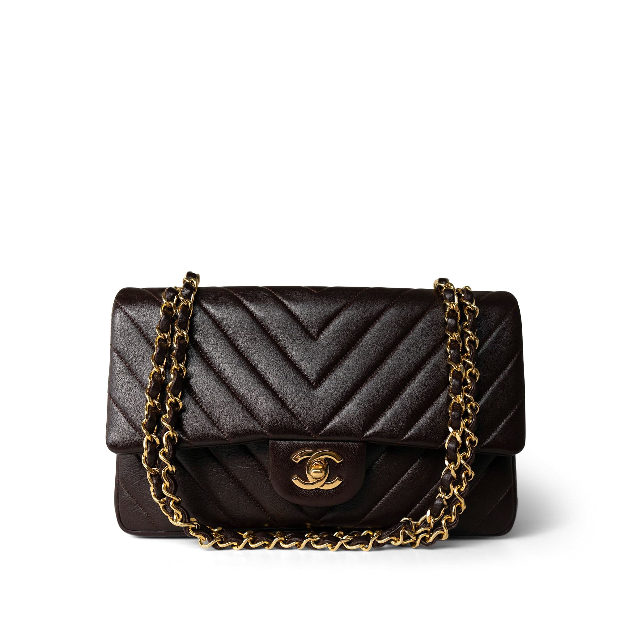 CHANEL Handbag Brown Vintage Chocolate Lambskin Chevron Classic Flap Medium Gold Hardware - Redeluxe
