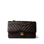CHANEL Handbag Brown Vintage Chocolate Lambskin Chevron Classic Flap Medium Gold Hardware - Redeluxe