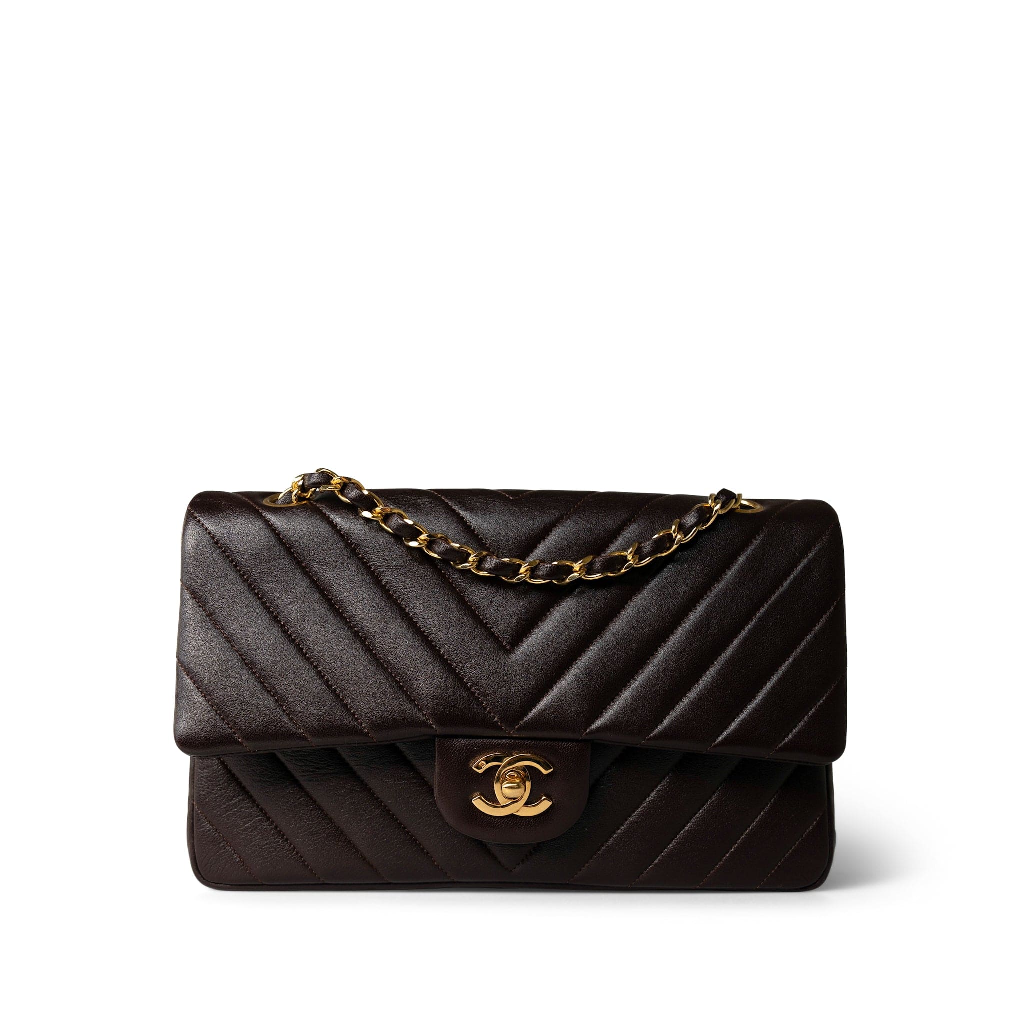 CHANEL Handbag Brown Vintage Chocolate Lambskin Chevron Classic Flap Medium Gold Hardware - Redeluxe