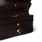CHANEL Handbag Brown Vintage Chocolate Lambskin Chevron Classic Flap Medium Gold Hardware - Redeluxe
