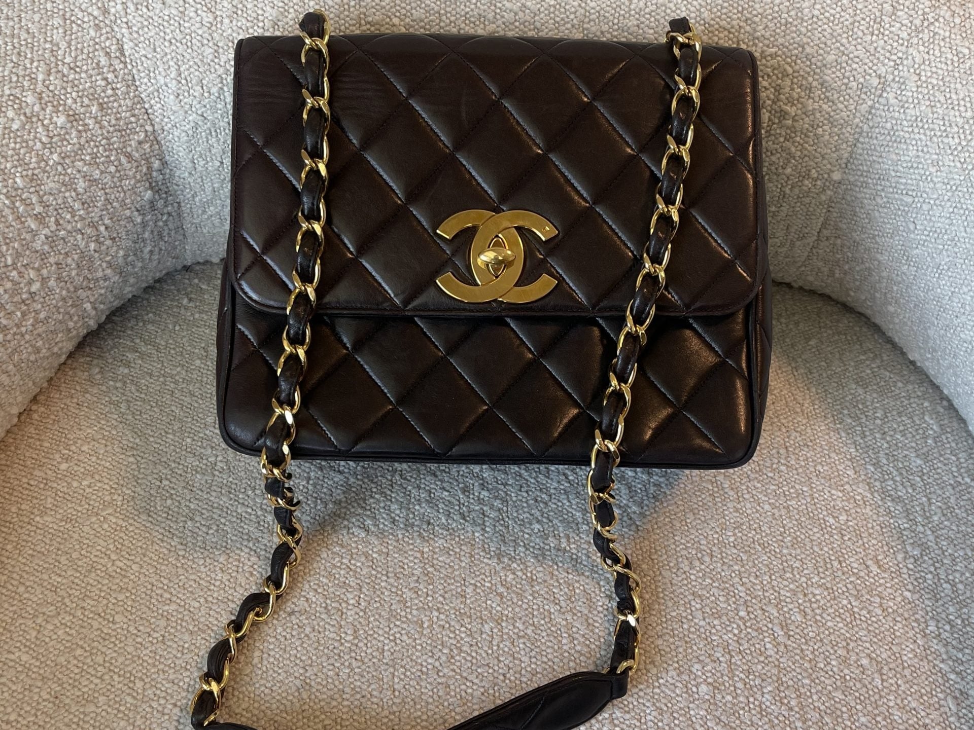 CHANEL Handbag Brown Vintage Lambskin Quilted Square Classic GHW (Shoulder Bag) - Redeluxe